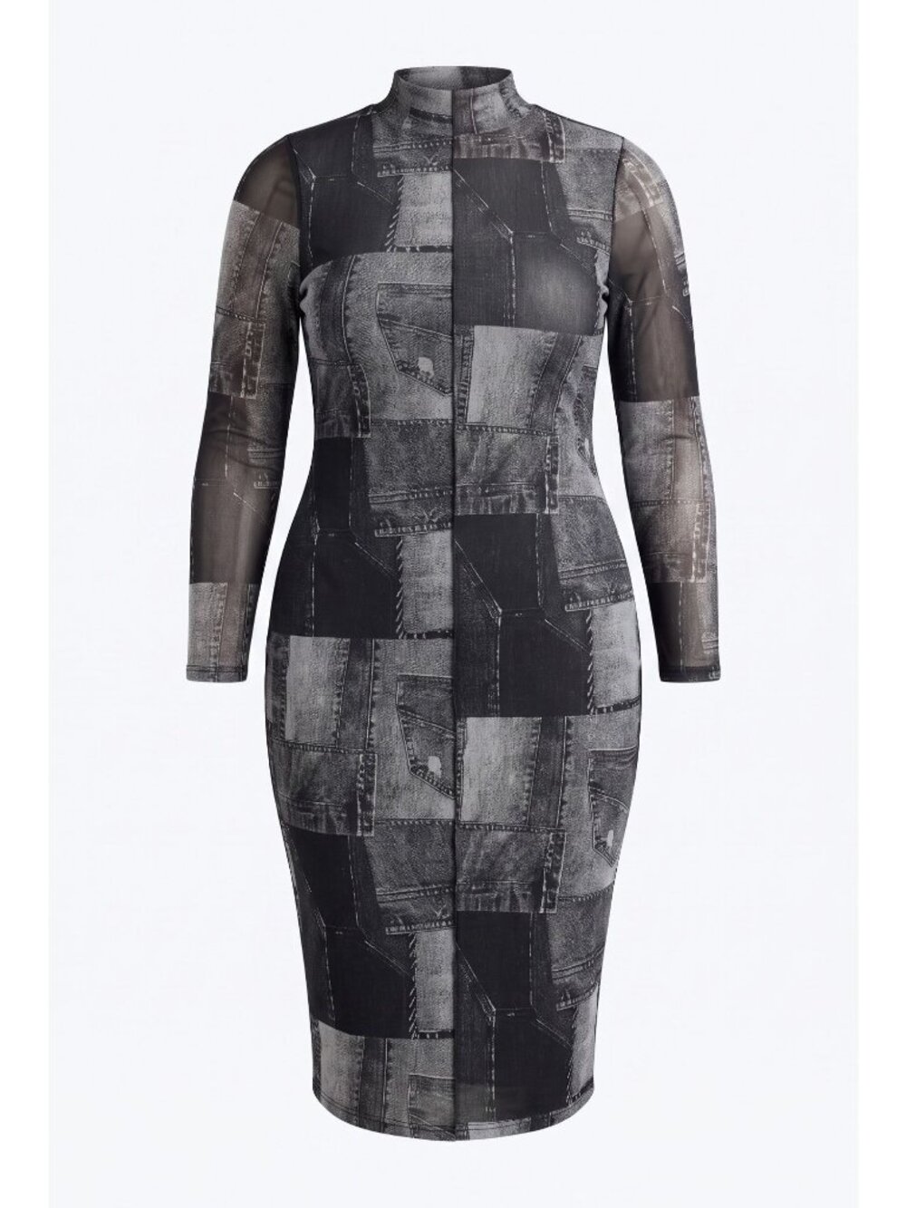 INTEMPO Womens 0X Denim Print Mesh Bodycon Maxi Dress Mock Neck Plus Size NEW